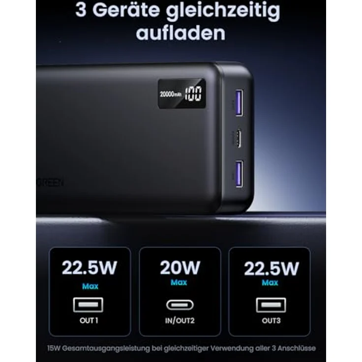 UGREEN Power Bank 20000mAh 22.5W, Externer Handyakku mit USB C Input&Output PD 20W Powerbank mit digitalem Display, kompatibel mit iPhone 16 Pro/Pro Max/16/15/14, Galaxy S24 Ultra, Pixel 8 und mehr – Bild 4