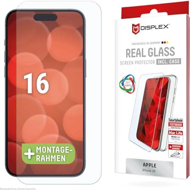 Displex Panzerglas (10H) + Schutzhülle für Apple iPhone 16, Montagerahmen, + Case, Tempered Glas, Kratzer-resistente Schutzfolie, Displayschutzfolie von Displex – Bild 1