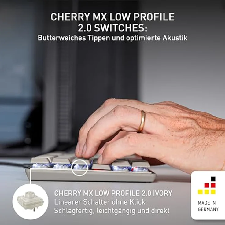 CHERRY KC 500 MX LP, Mechanische Low-Profile-Tastatur, Deutsches Layout (QWERTZ), Kabelgebunden (USB-A), Weiße Beleuchtung, MX LP 2.0 Ivory Switches, Grau – Bild 3