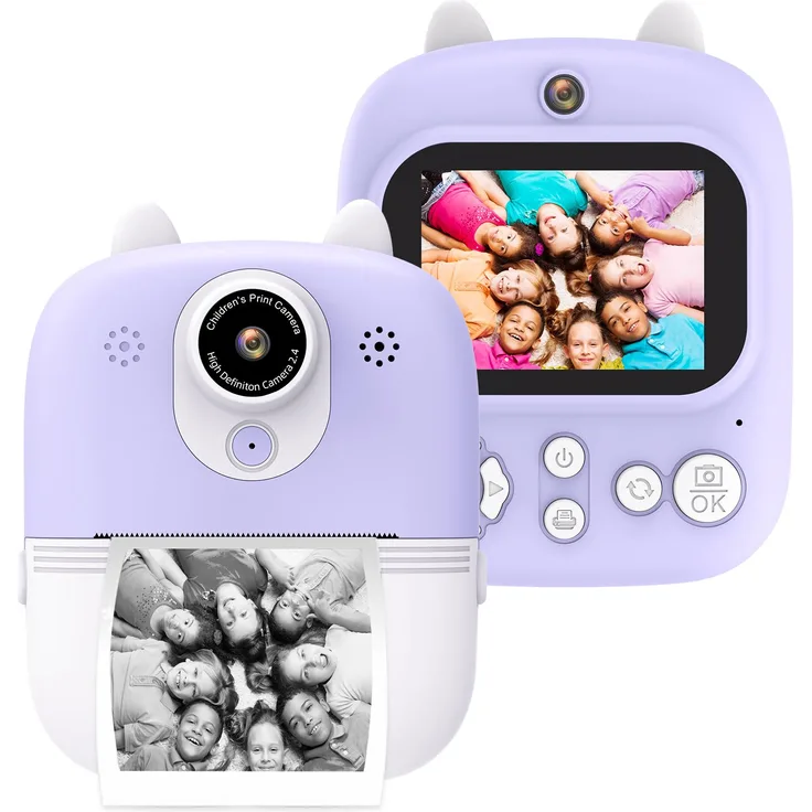 Andoer 3-in-1-Multifunktions-Sofortbildkamera für Kinder, 12 MP, 2,4-Zoll-IPS-Bildschirm, erweiterter 32 GB Speicher, inklusive 3 Druckpapierrollen und Trageband, Farbe Lila/Blau/Rosa