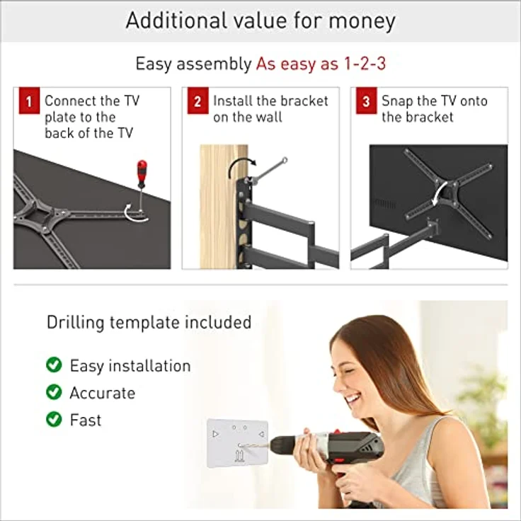 Barkan TV Wandhalterung, 29 - 65 Zoll Schwenkbar / Neigbar / Vollbewegung flach & curved Fernseher TV Halterung, hält bis 40Kg, Patentierter, UL zertifiziert, für LED OLED LCD, Max. VESA 400x400 – Bild 4