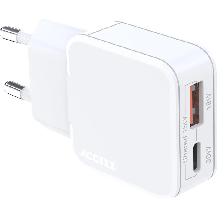 Accezz Ultra Slim GaN Ladegerät, USB-C + USB-A, 30 W, effizient und kompakt, Weiß