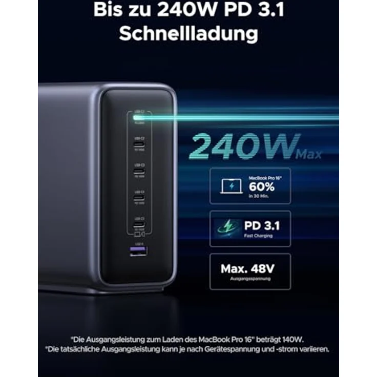 UGREEN Nexode 500W USB C Ladegerät 6-Port GaN Ladestation, PD 3.1 Desktop Charger für MacBook, iPad Pro/Air, iPhone 16-8 Serie, Galaxy S25-S22, universelle Kompatibilität, 240W Schnellladung – Bild 5