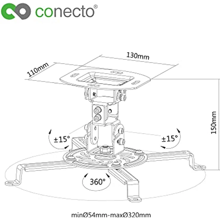 conecto Deckenhalterung für Beamer, neigbar (+/-15°), schwenkbar 360°, drehbar 360°, Deckenabstand 15cm, Traglast max. 13,5kg, universeller Montagebereich 5,4-32 cm, schwarz – Bild 4
