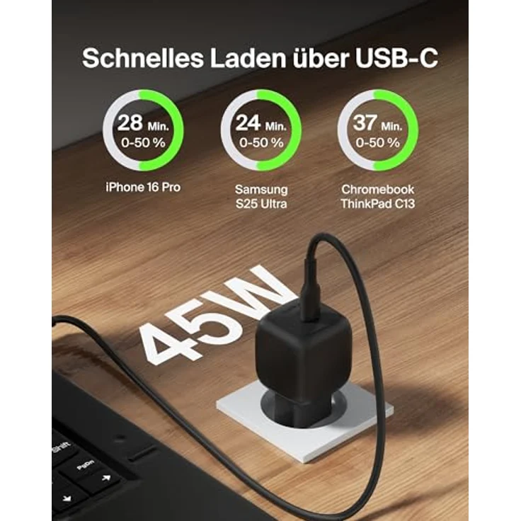 Belkin kompaktes 45 W USB Ladegerät mit USB-C-/USB-C-Kabel, Schnellladen für iPhone 16, 15, 14, Samsung Galaxy S25-Serie, Pixel 9 – Schwarz – Bild 2
