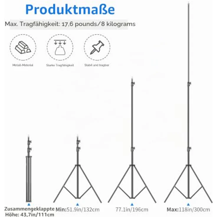 NEEWER Schwerlast Lichtstativ 10ft/3m, Verstellbar, federgepolstertes Design, metallisch, maximale Tragfähigkeit 8 kg, leicht und mobil – Bild 2