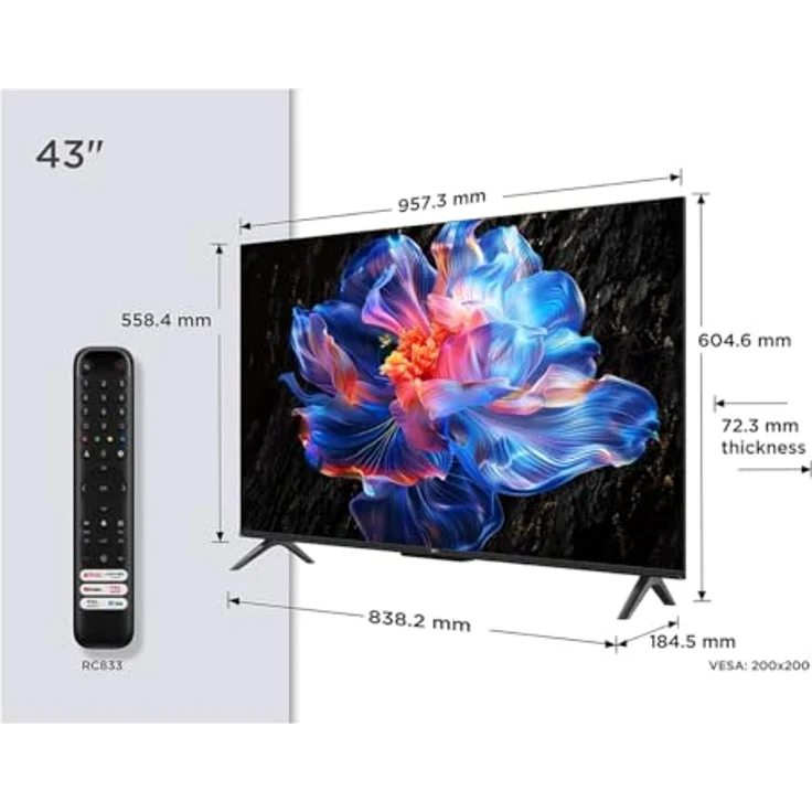 TCL 43P69K, 43 Zoll 4K UHD Smart LED-TV mit Wi-Fi, schwarzes Design, Quad Core-Prozessor, 3 HDMI-Anschlüsse, Energy Class F – Bild 3
