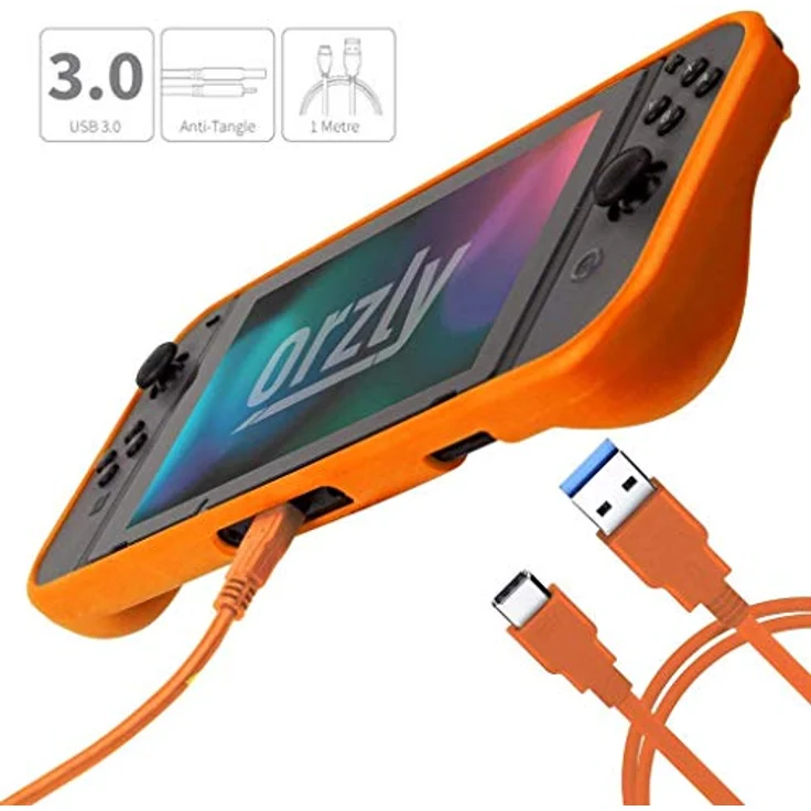 Orzly Nintendo Switch Zubehör Set, Tragetasche, Comfort Grip Case, USB Ladekabel, Kopfhörer, Schutzfolien - ORANGE – Bild 3