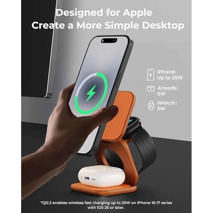 KU XIU X40 Turbo 3-in-1 Ladestation, Qi2.2 25W Schnellladung für iPhone 17/16/15/14/13/12, 5W für Apple Watch, faltbares Aluminium-Design, 45W GaN Adapter – Bild 3