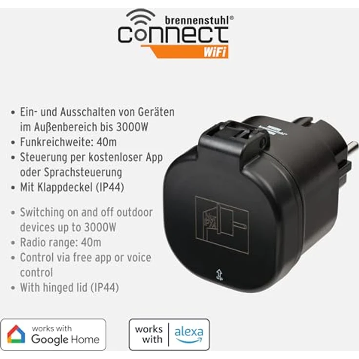 Brennenstuhl Connect WLAN Steckdose WA 3000 XS02 für außen IP44 (WIFI Steckdose Outdoor 2.4 GHz kompatibel mit Alexa, Google Assistant, kein Hub notwendig, smarte Steckdose mit freier App) – Bild 2