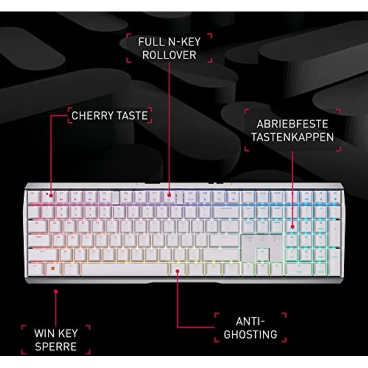 CHERRY MX 3.0S Wireless, kabellose mechanische Gaming-Tastatur mit RGB-Beleuchtung, Deutsches Layout (QWERTZ), Bluetooth-®, Funk- oder Kabelverbindung, MX RED Switches, weiß – Bild 2