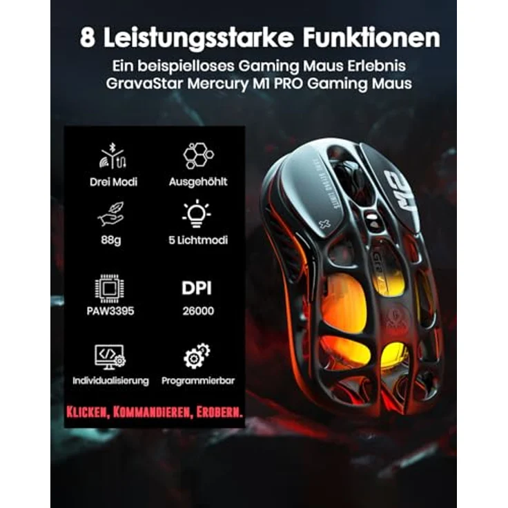 GravaStar Mercury M2 Kabellose Gaming-Maus mit optischem Sensor, 26.000 DPI, 79g leicht, Schwarz – Bild 2