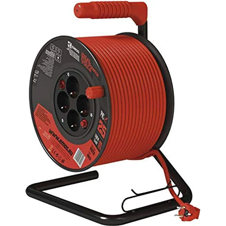 EMOS P092251 Kabeltrommel für Innen, 25 m mit 4 Steckdosen und Schalter, 1,5 mm Schuko, Indoor Trommel, Schutzklasse IP 20, 3680 W – Bild 3