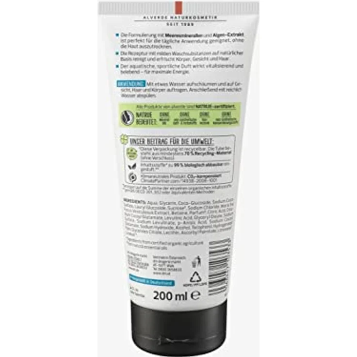 alverde MEN Duschgel 3 in 1 Sports Nature, 200 ml, erfrischende Pflege für Körper, Haar und Gesicht – Bild 3