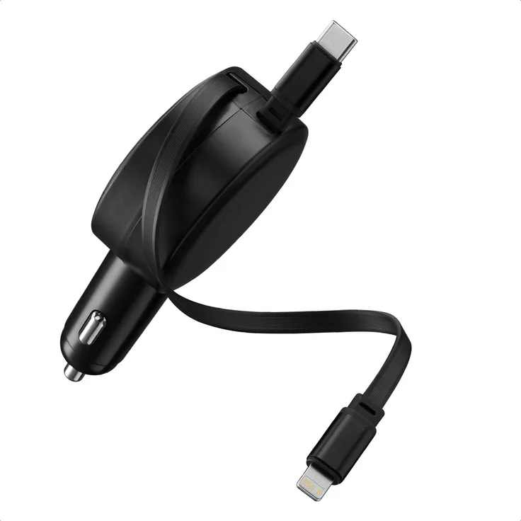 Accezz Autolader mit ausziehbaren Kabeln, USB-C/Lightning, 57W, schwarz, Schnellladung für zwei Geräte