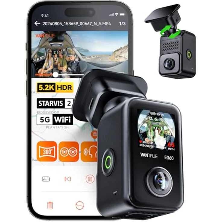 VANTRUE E360, 5.2K Panorama Dashcam mit Dual STARVIS 2 HDR, 360° Aufzeichnung, 1.54" Touchscreen, WiFi, GPS, Parkmodus, max. 1TB Erweiterbarkeit, inklusiveoptionalem Zubehör – Bild 1