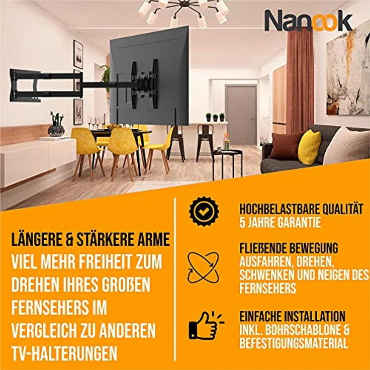 Nanook 2120 Langarm-TV-Wandhalterung für 42-75-Zoll-Fernseher, Extra langer Auszug bis zu 120 cm, Starke vollbewegliche TV-Halterung, Belastbarkeit bis 40 kg, Schwenkbar bis zu 180°, Max. VESA 400x400 – Bild 3