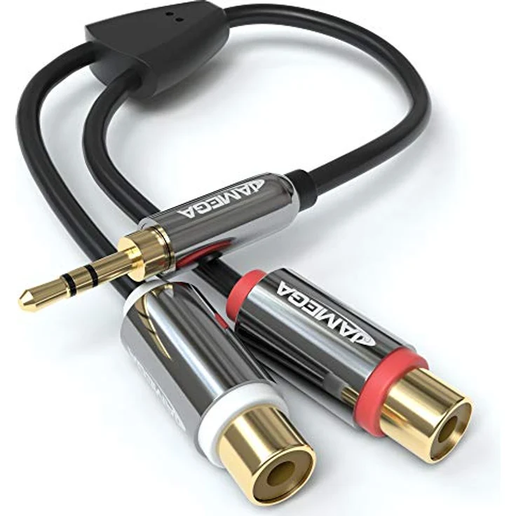 JAMEGA Cinch auf Klinke Adapter, 3.5mm Klinkenstecker auf 2 RCA Cinch Buchsen, vergoldete Kontakte aus Metall, hochwertige OFC Kupfer Innenleiter, kompatibel mit Smartphones, Tablets und Hifi-Anlagen – Bild 1