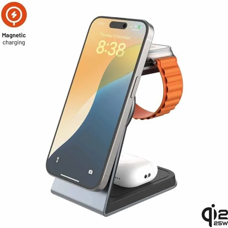 FIXED 3in1 Mag ALU 25W Qi2.2 Wireless Apple Charging Station, Aluminiumgehäuse, Space Grey, für iPhone 12 und neuer, inkl. Apple Watch Schnellladung