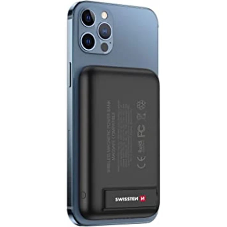 Swissten 5000mAh MagSafe Powerbank mit Magnet- und Klebepad, USB-C 20W – Schwarz – Bild 1