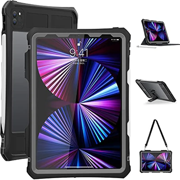 ShellBox Case Neue iPad Pro 11 Zoll 2022 & 2021 & 2020 wasserdichte Hülle, Ganzkörper Heavy Duty Stoßfest Schutzhülle mit Kickstand Eingebauter Displayschutz Stifthalter Schultergurt (Schwarz)