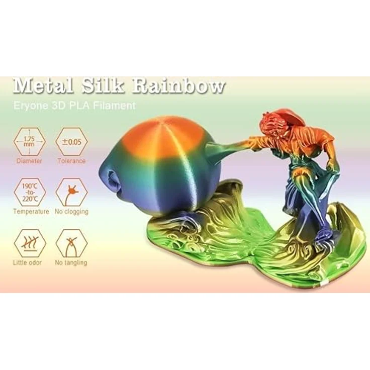 ERYONE Ultra Shiny Silk PLA Filament, 1.75mm Multicolor Rainbow mit Metal Luster, 1kg Spule, für 3D Drucker, Temperaturbereich 190-210℃ – Bild 3