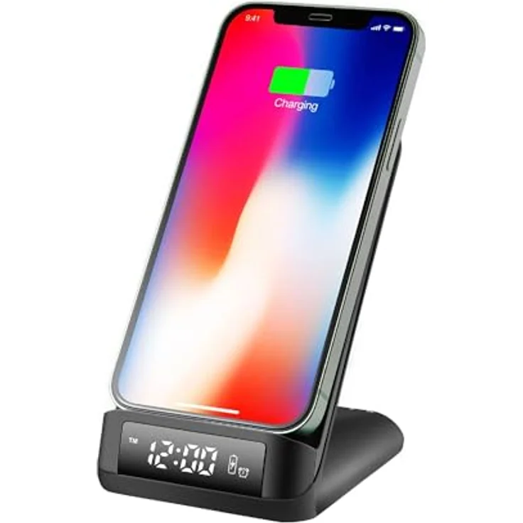 KSIX Qick Wireless Charger/Alarm Clock, 15 W, Schwarz, schnelles kabelloses Laden und praktische Weckfunktion – Bild 1