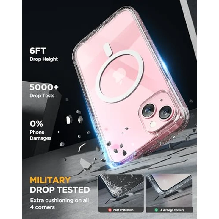 Miracase Schutzhülle für iPhone 15, MagSafe-kompatible, 360°-Hülle mit 9H gehärtetem Glas, Anti-Fingerabdruck-Schutz und Kameraobjektivschutz, klarer Glitzer – Bild 4