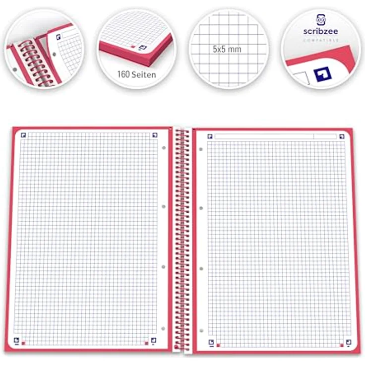 OXFORD Collegeblock European Book 1, DIN A4+ kariert, 80 Blatt, rot, mit Hard-Cover und digitalisierbaren Notizen – Bild 3