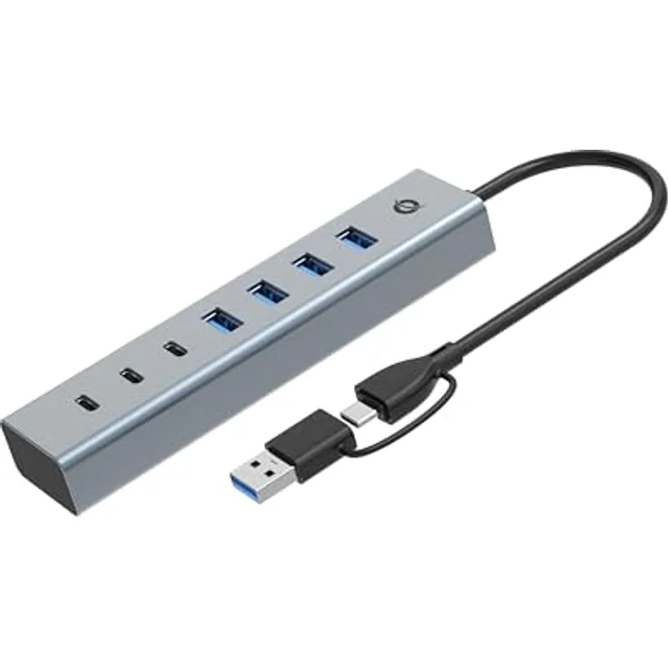 Conceptronic HUBBIES20G 7-Port USB 3.2 Gen 1 Hub, 5Gbps, USB-C x 3, USB-A x 4, Aluminiumgehäuse in Silber