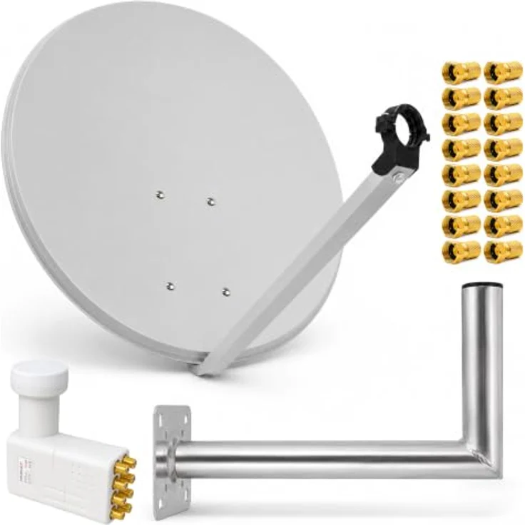 PremiumX PXS80, Satelliten-Komplettanlage 80cm mit Hellgrauer Stahl Satellitenschüssel, Octo LNB und Alu Wandhalter 45cm für bis zu 8 Teilnehmer – Bild 1