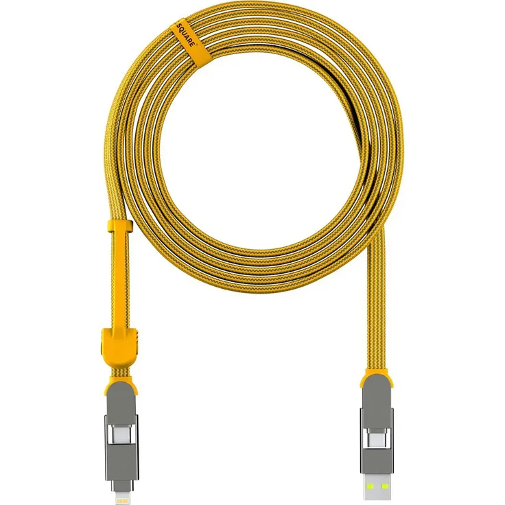 RollingSQUARE inCharge XL 3m, All-in-one-Ladekabel mit USB, USB-C, Lightning, 6-in-1, gelb, bis zu 100 W Schnellladung, universell einsetzbar