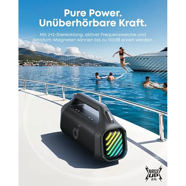 soundcore Boom 2 Pro Outdoor-Lautsprecher, 140 W, 2+2 Kanäle, BassUp 2.0, 20 h, Schnellladung, IP68 Staub- und wasserdicht, RGB-Lichter, USB-C, Powerbank, BT 5.3, tragbarer Bluetooth-Lautsprecher – Bild 3