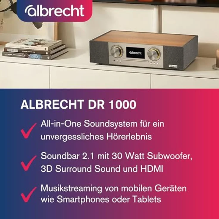 Albrecht DR 1000 All-In-One Soundsystem, 2.1 Soundbar mit 30 Watt Subwoofer, Clear-Voice, Internet-Radio, DAB+, CD-Player, Musik-Streaming, HDMI, braun/grau – Bild 2