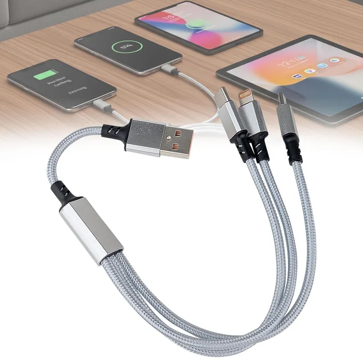 ideoon 3in1 Universal USB-Schnellladekabel, 25 W, Micro-USB, USB Typ C & Lightning, 30 cm, geflochtene Nylonummantelung