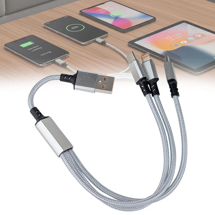 ideoon 3in1 Universal USB-Schnellladekabel, 25 W, Micro-USB, USB Typ C & Lightning, 30 cm, geflochtene Nylonummantelung