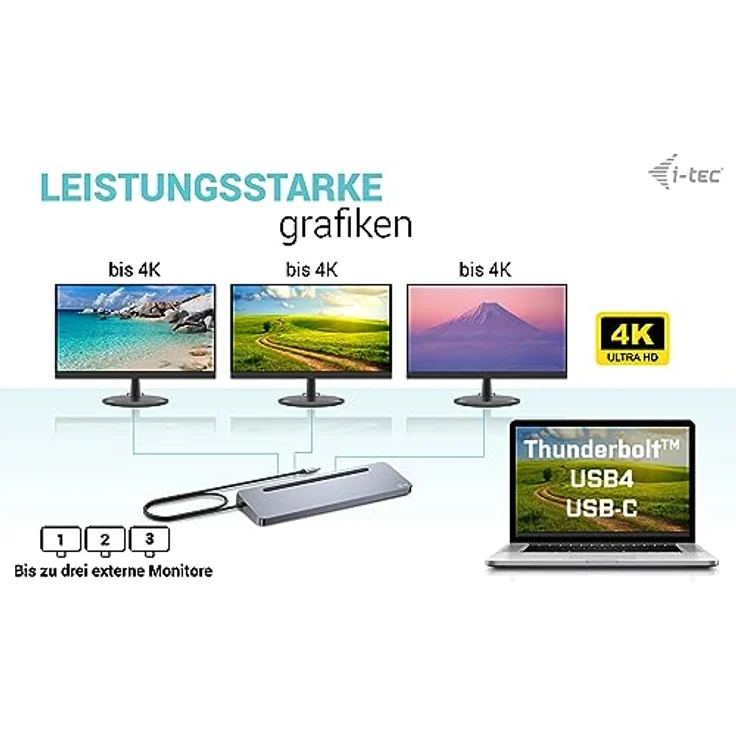 i-tec USB-C Metall Ergonomische Dockingstation 3x4K - 1x HDMI, 2X DisplayPort, 4X USB 3.2 Gen1, GLAN, SD/microSD – Bild 4