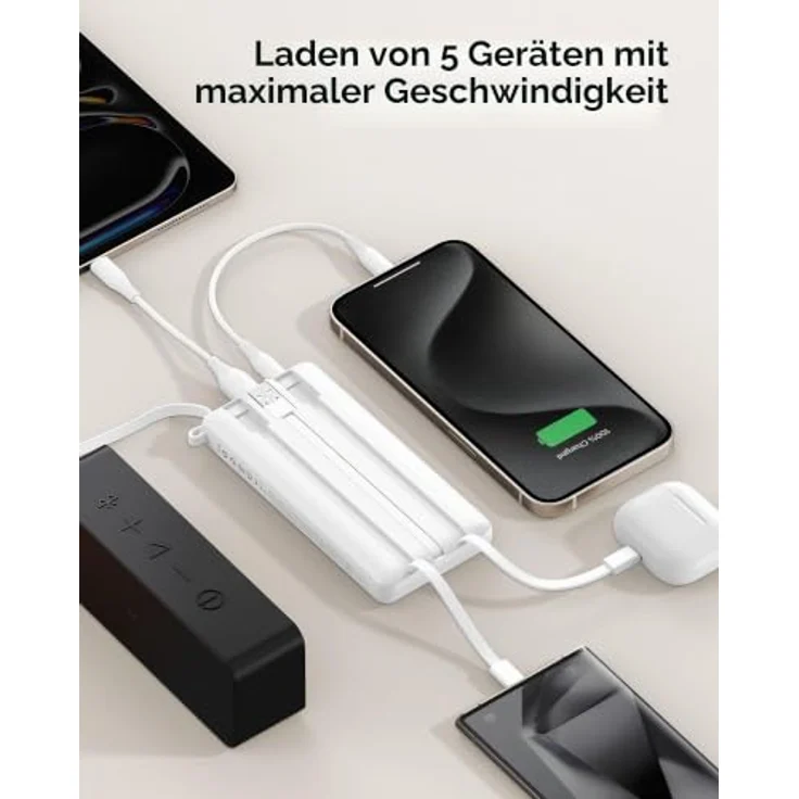 VRURC Powerbank 10000mAh, tragbares Ladegerät mit 5 Ausgängen, USB-C, LED-Anzeige und integriertem Kabel, kompatibel mit iPhone/Huawei/Samsung – Bild 4