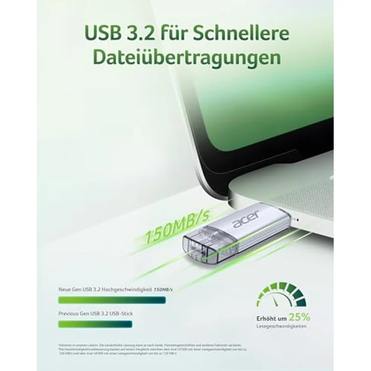 Acer USB-Stick UT300 256GB USB 3.2 Gen1, Dual-Anschluss Typ-A & Typ-C, bis zu 150 MB/s, Aluminiumgehäuse – Bild 3