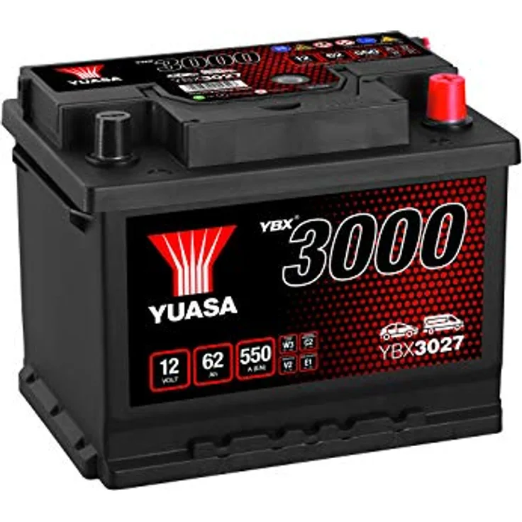 Yuasa SMF YBX3027 Autobatterie 60Ah, wartungsfrei mit Ladezustandsanzeige, Poltyp T1, 12V, Kaltstartstrom 550A