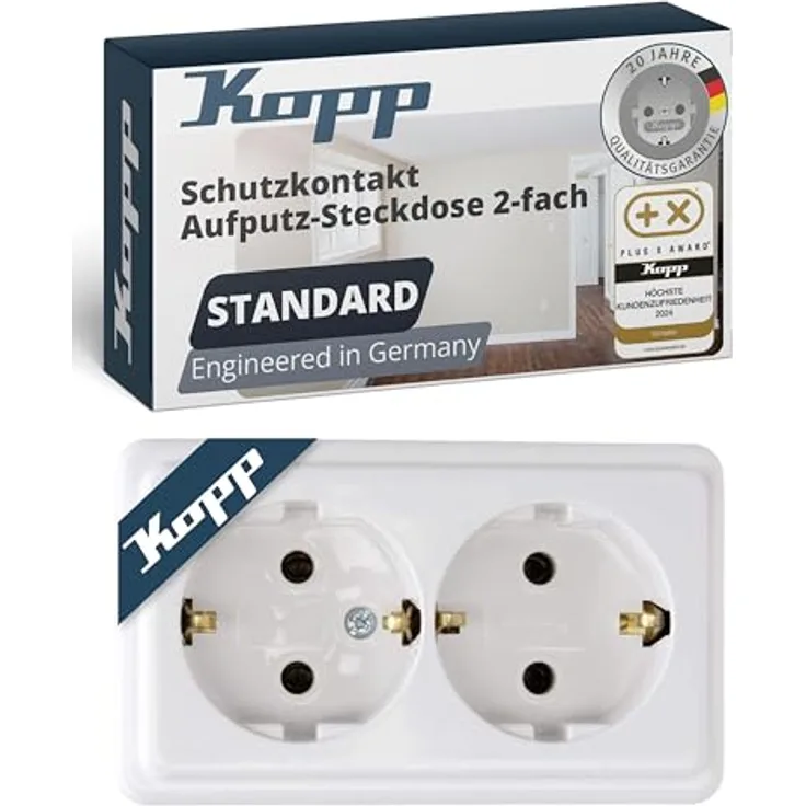 Kopp STANDARD 2-fach Schutzkontakt-Steckdose, Arktis-Weiß – Aufputz-Steckdose für Keller, Werkstatt & Garage, IP20, 16A / 250V~