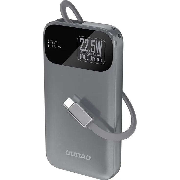 Dudao K31 Powerbank 10.000 mAh, 22,5W Schnellladung mit einziehbarem USB-C-Kabel, grau