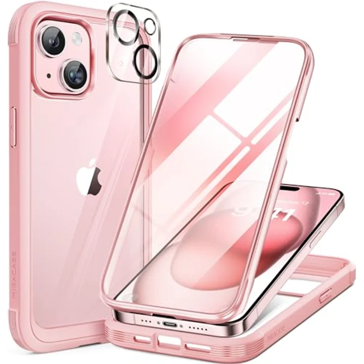 miracase 360° Hülle für iPhone 15, Integrierter 9H Glas Displayschutz, Rosa – Bild 1