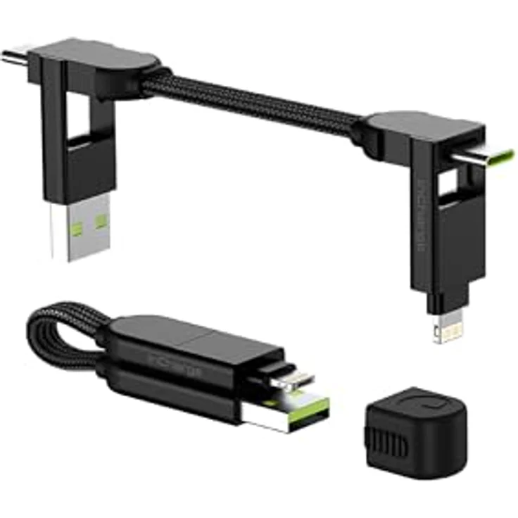 inCharge Rolling Square X Schlüsselanhänger mit USB-C-Kabel, Universal-Smartphone-Kabel, Geschenk für Männer, 6-in-1-Universalladegerät für Smartphones, tech Gadget, Schwarz, Lightning-Kabel 100W – Bild 2