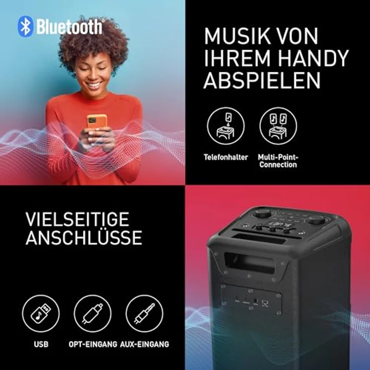 Panasonic SC-TMAX45E-K Hochleistungs-Audiosystem mit Bluetooth, 1000 W, integrierter Beleuchtung, USB, optischem Eingang für TV, Gitarren- & Mikrofoneingängen für Karaoke, Schwarz – Bild 5