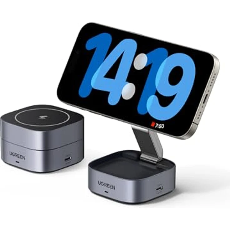 UGREEN MagFlow 2 in 1 iPhone Ladestation mit MagSafe faltbarem Wireless Charger für iPhone 16/16 Pro/16 Pro Max/15/14/13/12, AirPods, Winkel-Einstellbarem Ladeständer, 1M Kabel, in Schwarz – Bild 1
