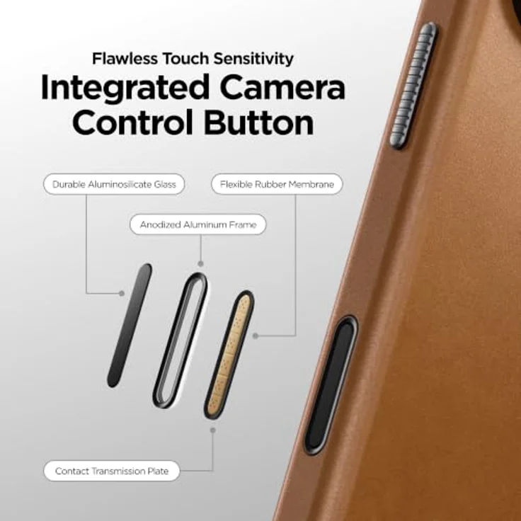 Nomad Traditional Leather Case für iPhone 18 Pro Max/17 Pro Max, englisches Tan, Vollnarbenleder, MagSafe- und Qi2-kompatibel, Glas-Camera-Control-Taste, eloxierte Aluminiumtasten – Bild 5