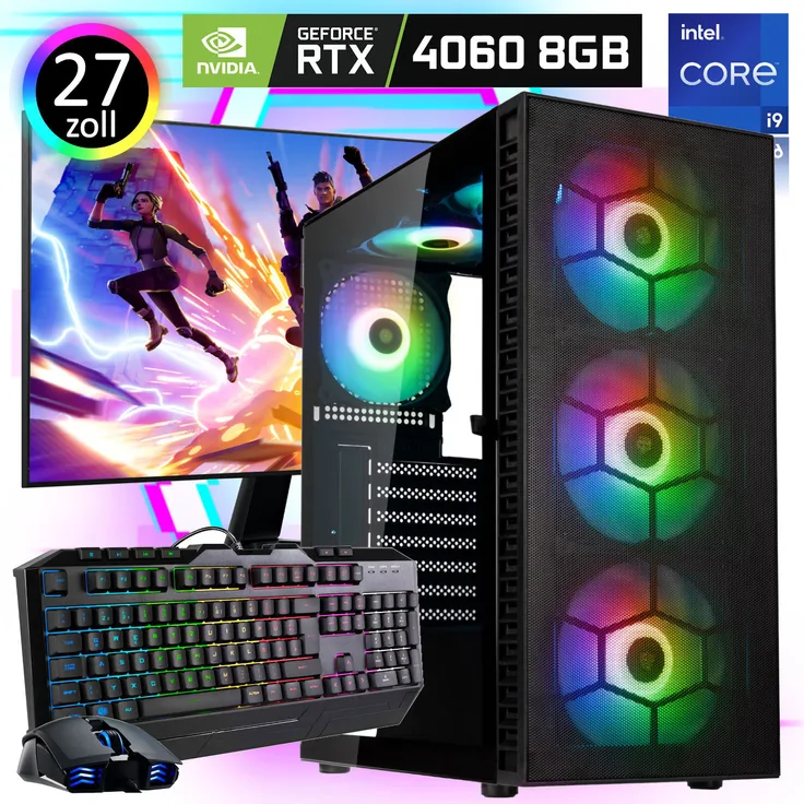 MeinPC Gaming PC Komplett-Set Intel Core i9 12900K - GeForce RTX 4060 8GB - 2TB SSD - 32GB DDR4 - Windows 11 - WLAN - 27" TFT 2K 1ms 100Hz - Tastatur/Maus, RGB-Tower mit 6 Lüftern, 6x ARGB LED Lüfter, blau