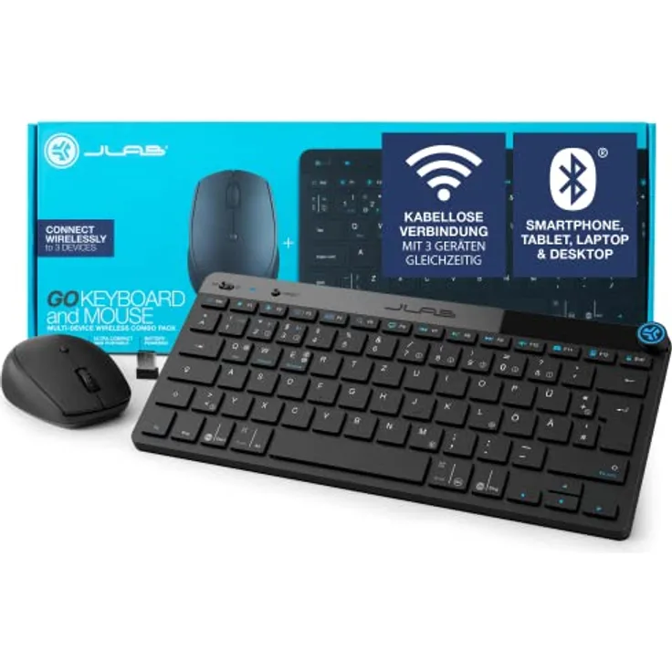 JLab Go GO Wireless Bluetooth Tastatur und Maus-Set DE-Layout, Mehrere Verbindungsoptionen, Multifunktionaler Medienregl