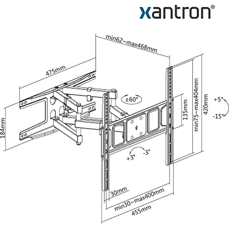 Xantron® ECO-DFM400 TV Wandhalterung Schwenkbar Neigbar Drehbar / 32-75 Zoll, flach mit Doppel Schwenkarm, geringer Wandabstand - inkl. Montagematerial – Bild 4